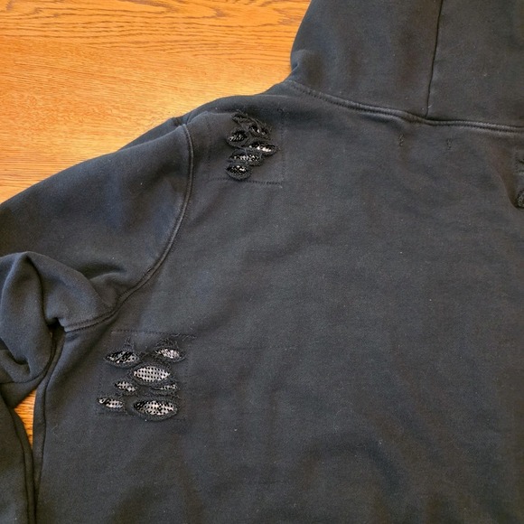 La La Anthony M Hoodie Distressed Black With Sequins Pullover Shoulder Cutout - Picture 9 of 16